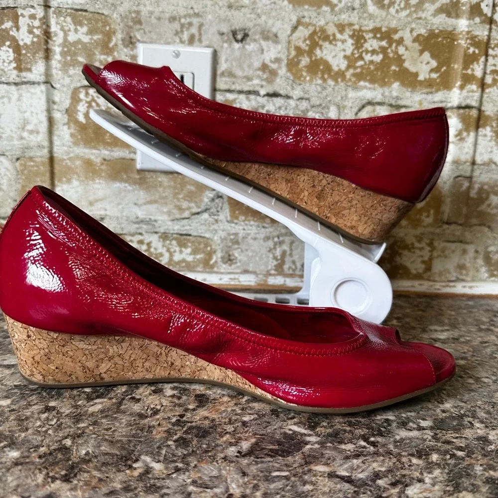 Cole Haan Wedge Sandals Womens 10B Red Patent Leather Nike Air Peep Toe Cork